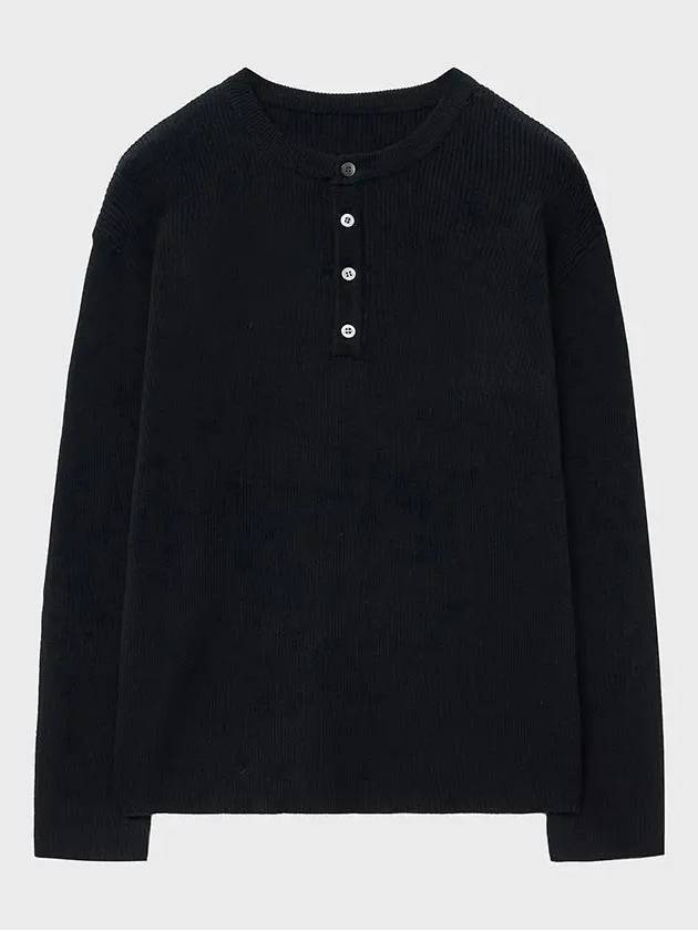 Cotton ribbed henley neck knit black - NOIRER - BALAAN 3