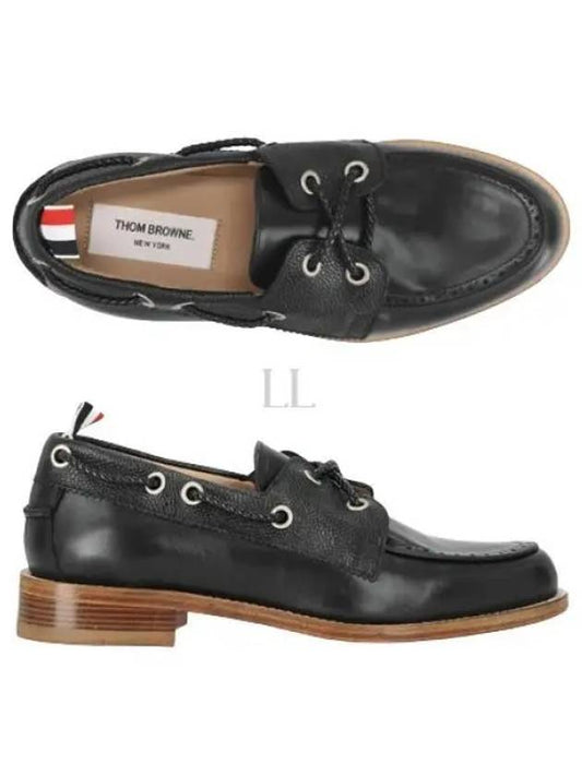 Men's Vitello Calf Leather Boat Shoes Black - THOM BROWNE - BALAAN 2