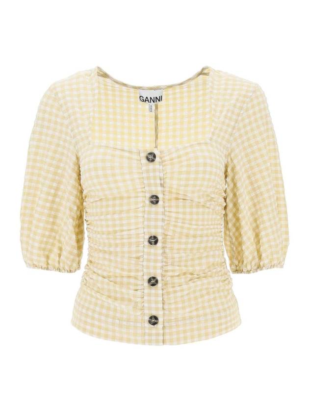 Gingham Check Printed Gathered Blouse Yellow - GANNI - BALAAN 1