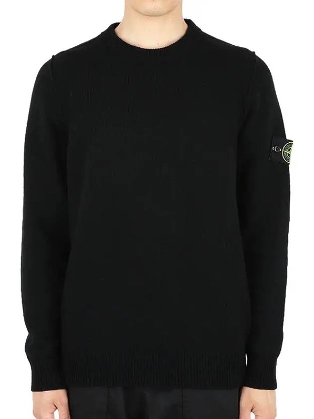 Logo Patch Crew Neck Wool Knit Top Black - STONE ISLAND - BALAAN 2