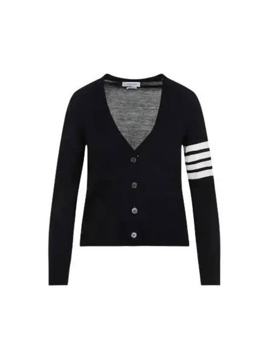 Sustainable Fine Merino Wool 4-Bar Relaxed Fit V-Neck Cardigan Navy - THOM BROWNE - BALAAN 2