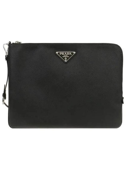 Triangle Logo Large Saffiano Clutch Bag Black - PRADA - BALAAN 2