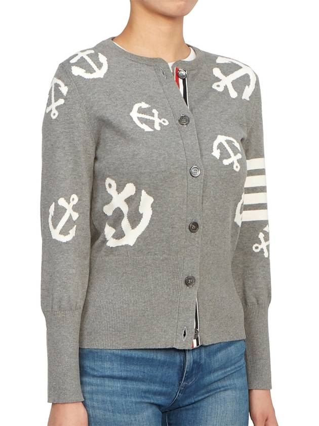 Cotton Anchor Intarsia 4-Bar Crewneck Cardigan Grey - THOM BROWNE - BALAAN 5