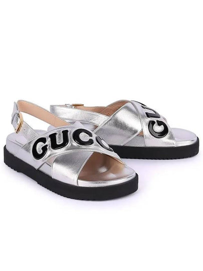 Women's Logo Leather Sandals Silver - GUCCI - BALAAN 2