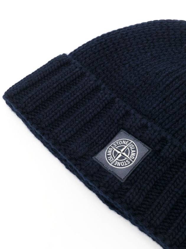 Logo Patch Wool Beanie Navy - STONE ISLAND - BALAAN 3