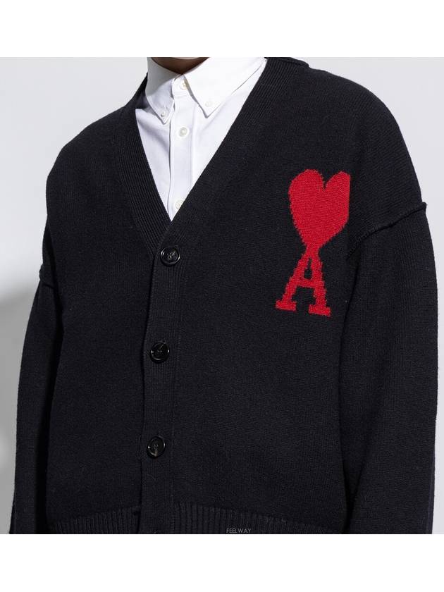 Heart Logo V Neck Wool Cardigan Black - AMI - BALAAN 4