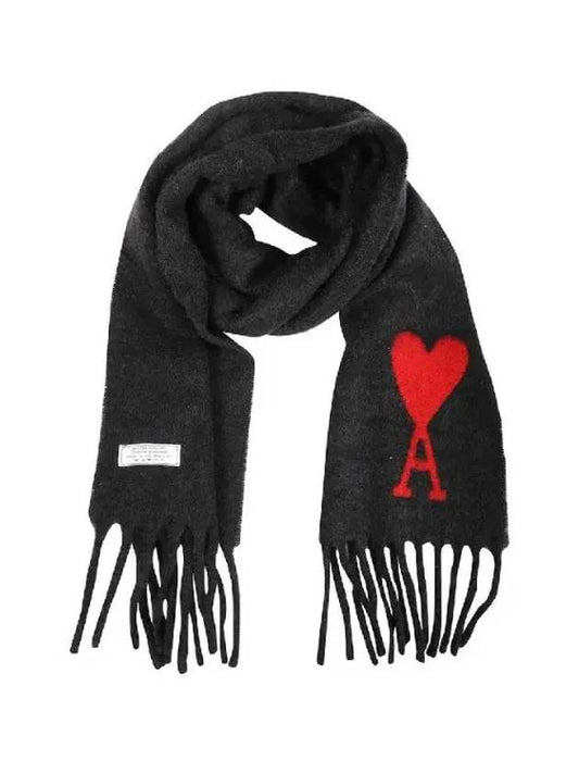 Heart Logo Oversized Wool Fringe Scarf Black - AMI - BALAAN 2