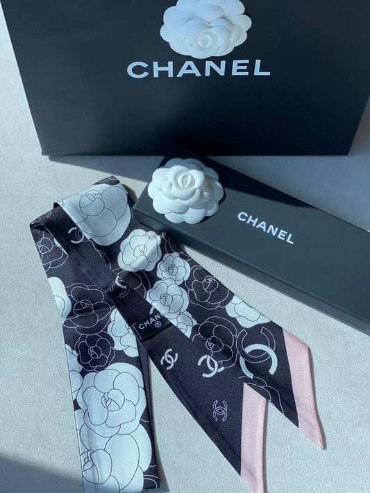 Camellia Twilly Silk Black Pink Scarf AA9573 - CHANEL - BALAAN 2