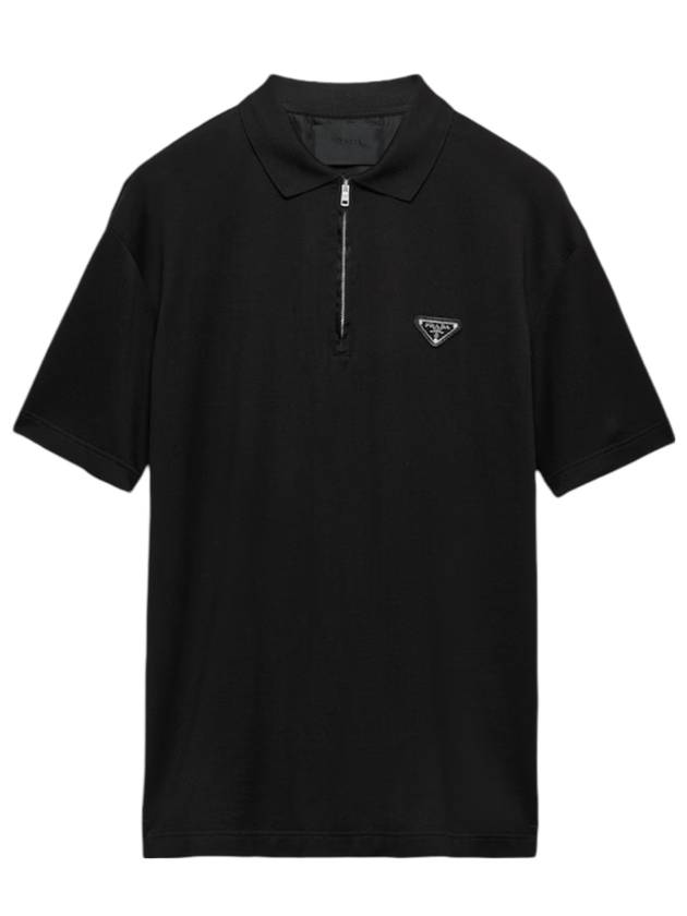 Pique Re-Nylon Details Polo Shirt Black - PRADA - BALAAN 1