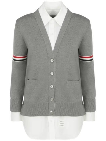 Women's Cotton Pointelle Cable Knit Short Sleeve Cardigan Light Grey - THOM BROWNE - BALAAN 1