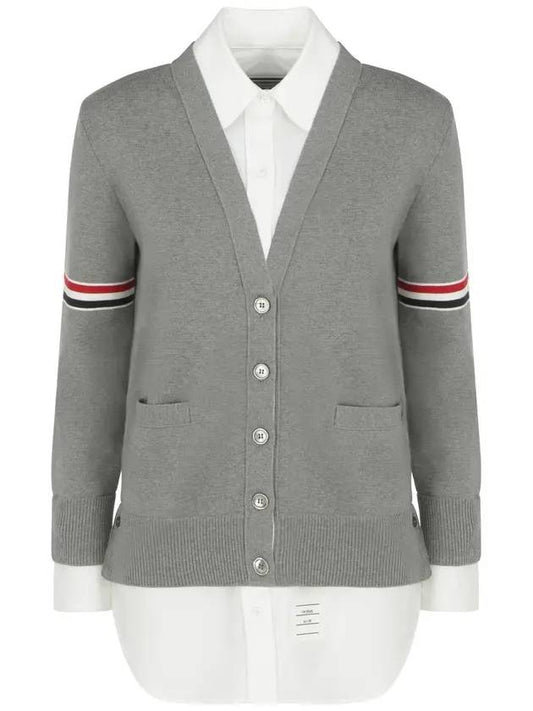 Women's Cotton Pointelle Cable Knit Short Sleeve Cardigan Light Grey - THOM BROWNE - BALAAN 1