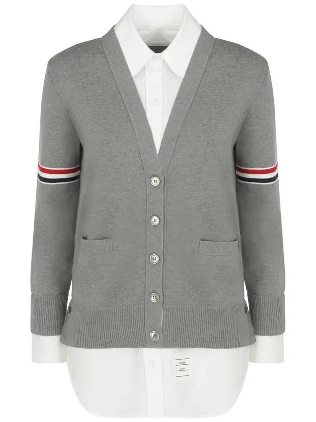 Women's Cotton Pointelle Cable Knit Short Sleeve Cardigan Light Grey - THOM BROWNE - BALAAN 1