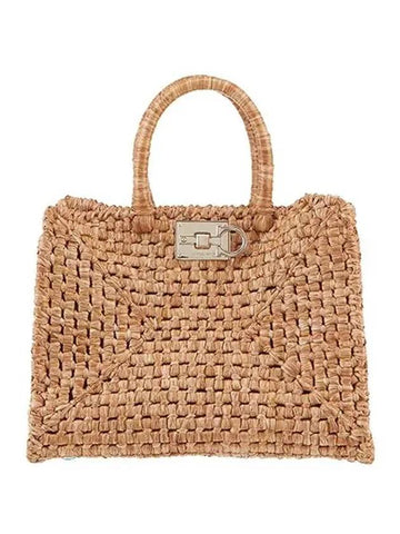 Gancini Studio Box Raffia Tote Bag Beige - SALVATORE FERRAGAMO - BALAAN 1