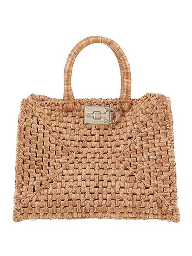 Gancini Studio Box Raffia Tote Bag Beige - SALVATORE FERRAGAMO - BALAAN 3