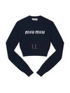 Print Logo Crop Wool Cashmere Knit Top Navy - MIU MIU - BALAAN 2