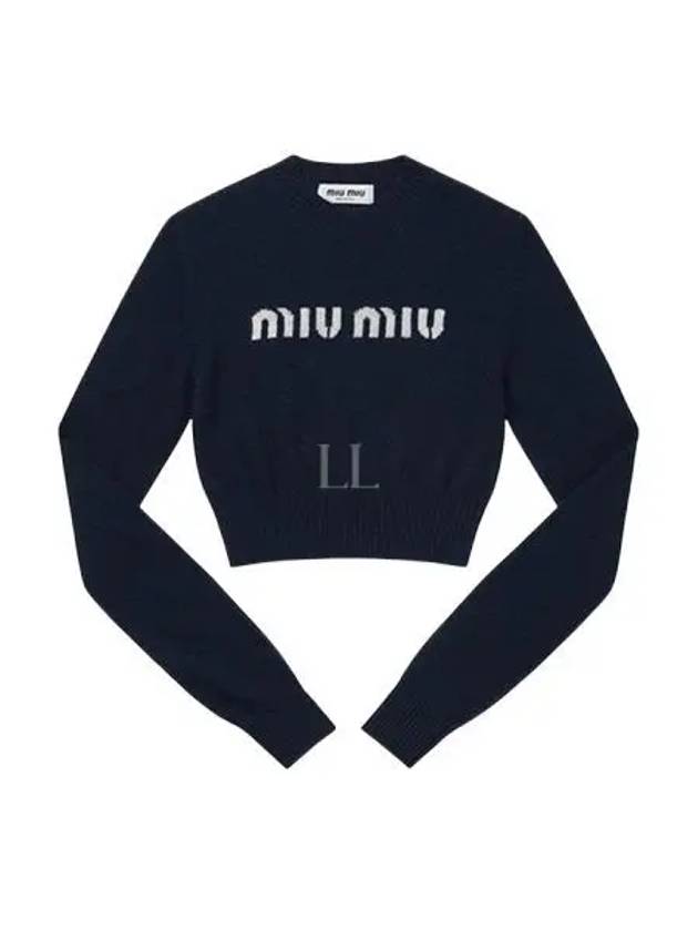 Print Logo Crop Wool Cashmere Knit Top Navy - MIU MIU - BALAAN 2