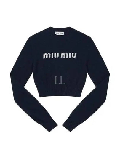 Print Logo Crop Wool Cashmere Knit Top Navy - MIU MIU - BALAAN 2