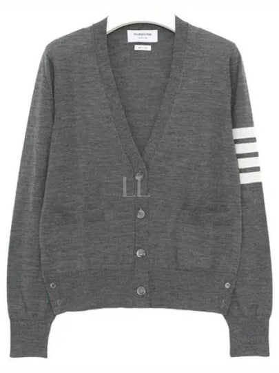 Sustainable Fine Merino Wool 4-Bar Relaxed Fit V-Neck Cardigan Medium Grey - THOM BROWNE - BALAAN 2