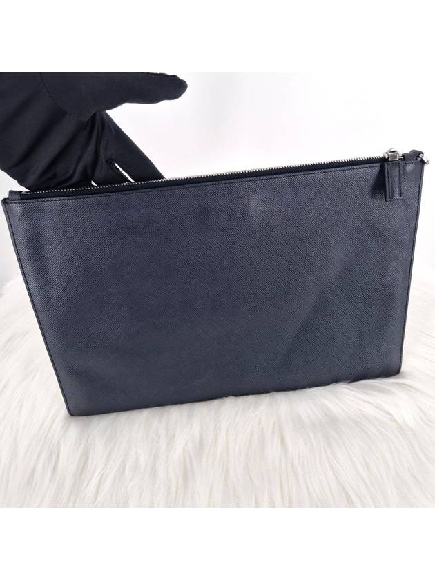 Saffiano triangle logo clutch bag navy - PRADA - BALAAN 3