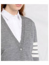 Sustainable Fine Merino Wool 4-Bar Relaxed Fit V-Neck Cardigan Light Grey - THOM BROWNE - BALAAN.