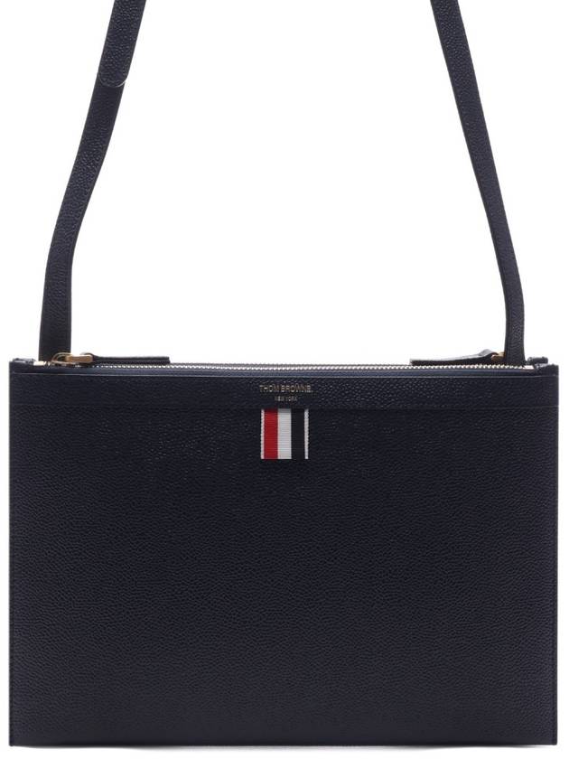 Logo Print Leather Double Zipper Crossbody Bag Navy - THOM BROWNE - BALAAN 3