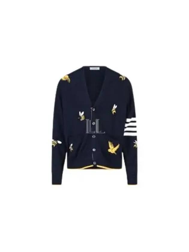 Men's Merino Bird Bee 4 Bar V-Neck Merino Cotton Cardigan Navy - THOM BROWNE - BALAAN 2