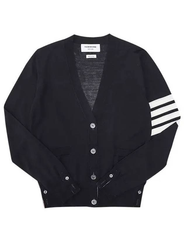 Sustainable Fine Merino Wool 4-Bar Relaxed Fit V-Neck Cardigan Navy - THOM BROWNE - BALAAN 2