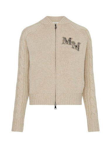 Women's Crystal Logo Wool Cashmere Zip-Up Cardigan Beige - MAX MARA - BALAAN 1