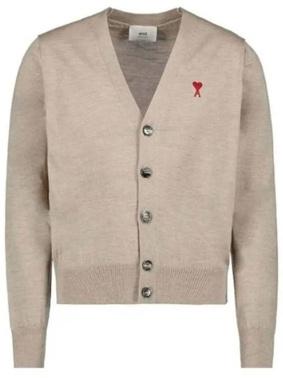 Red Heart Logo Merino Wool Cardigan Beige - AMI - BALAAN 2