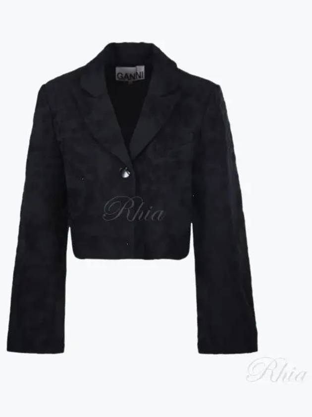 Boucle Jacquard Crop Blazer Jacket Black - GANNI - BALAAN 2