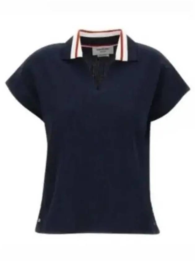 Women's Cricket Stripe Lightweight Cotton Short Sleeve Polo Shirt Navy - THOM BROWNE - BALAAN 2