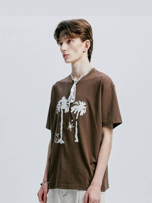 Palm Tree Eyelet Chain Embroidery T Shirt Brown - S SY - BALAAN 2