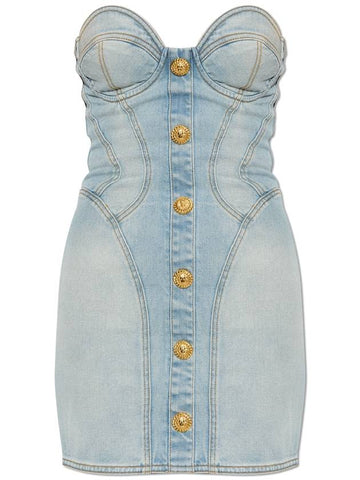 Balmain Short Denim Dress, Women's, Light Blue - BALMAIN - BALAAN 1