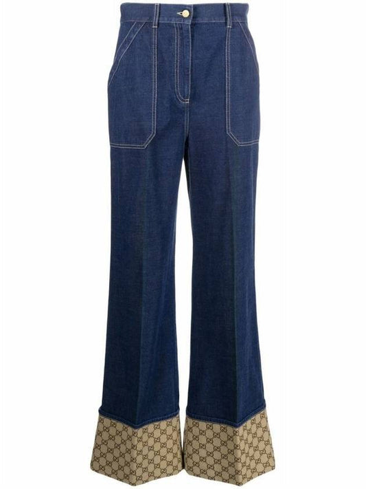 Women's GG Canvas Cuff Denim Wide Jeans Blue - GUCCI - BALAAN.