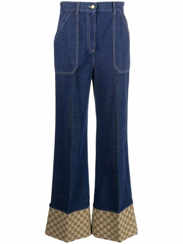 Women's GG Canvas Cuff Denim Wide Jeans Blue - GUCCI - BALAAN 1