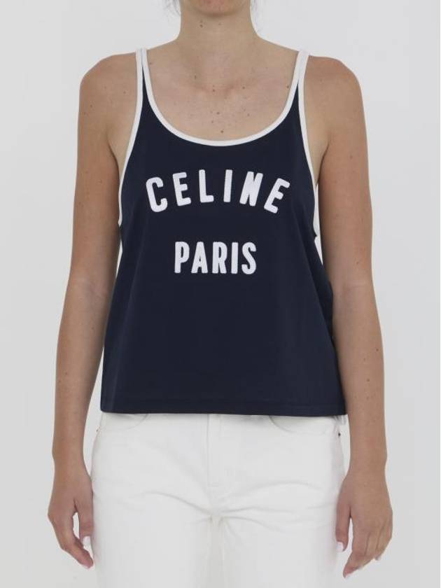 Satin Patch Cotton Jersey Sleeveless Navy - CELINE - BALAAN 1