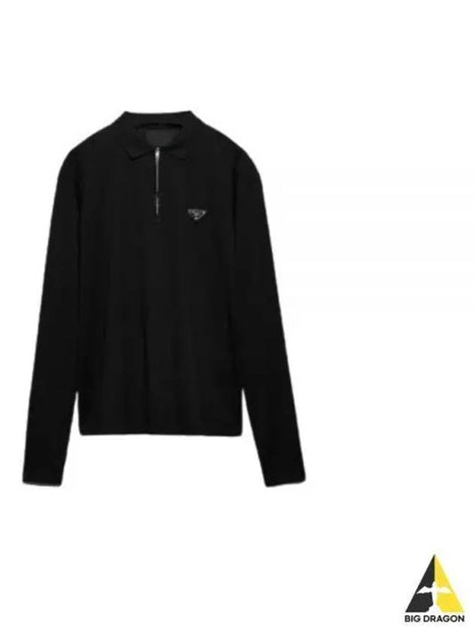 Triangle Logo Long Sleeve Polo Shirt Black - PRADA - BALAAN 2