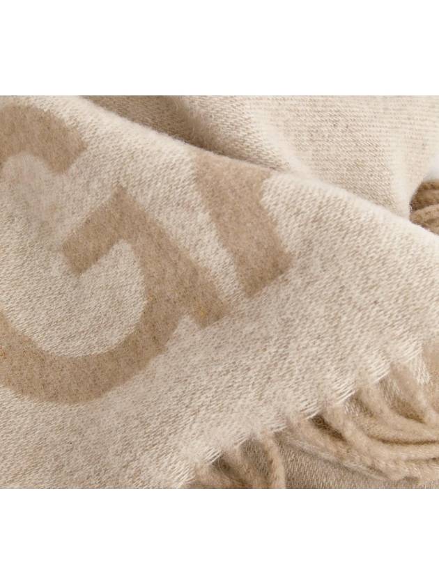 logo print fringe wool muffler beige - GANNI - BALAAN.