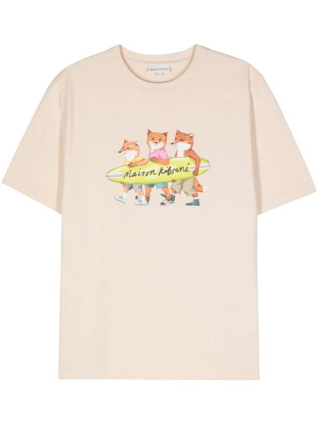 Surfing Foxes Logo Print Short Sleeve T-Shirt Beige - MAISON KITSUNE - BALAAN 2