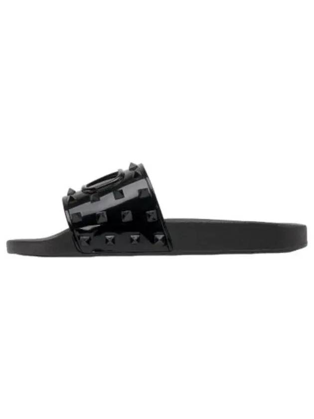 Logo Rockstud Slides Black Slippers - VALENTINO - BALAAN 1