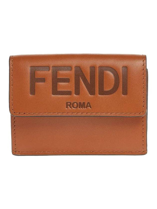 Logo Tri-Fold Leather Half Wallet Brown - FENDI - BALAAN 1