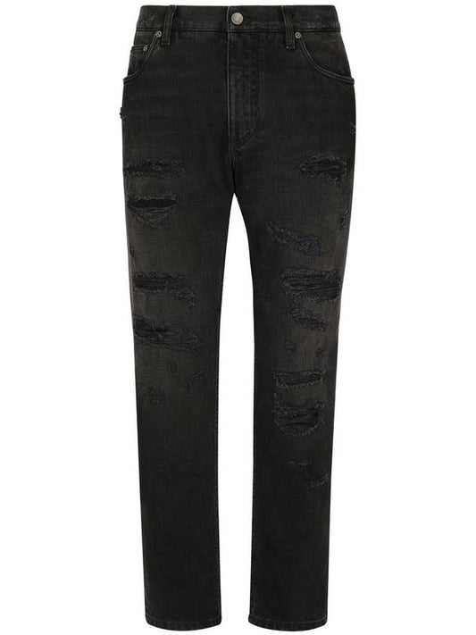 Logo-Plaque Distressed Jeans Black - DOLCE&GABBANA - BALAAN.