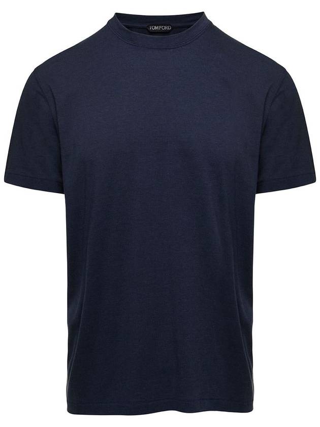 Blue Crew Neck T-Shirt With Embroidered Logo In Cotton Blend Man - TOM FORD - BALAAN 1