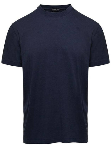 Blue Crew Neck T-Shirt With Embroidered Logo In Cotton Blend Man - TOM FORD - BALAAN 1