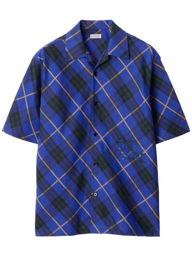 Embroidered Logo Check Linen Short Sleeve Shirt Bright Navy - BURBERRY - BALAAN 1