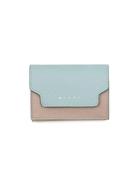 Saffiano Color Block Tri-Fold Half Wallet Blue - MARNI - BALAAN 1