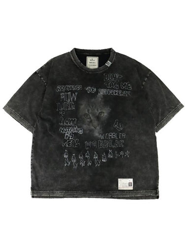 Distressed Cat Print Short Sleeve T-Shirt Black - MIHARA YASUHIRO - BALAAN 1