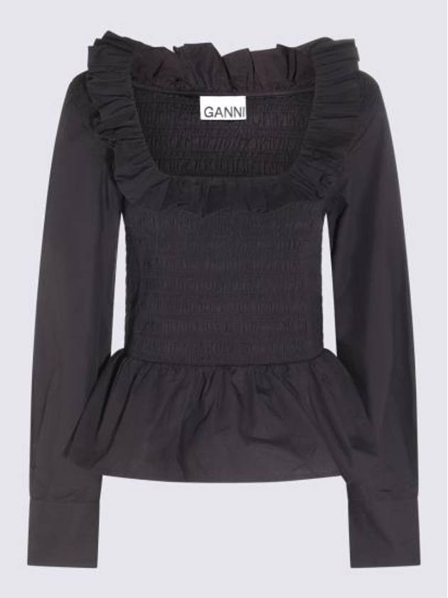 Poplin Ruffled Smoked Cotton Blouse Black - GANNI - BALAAN 2