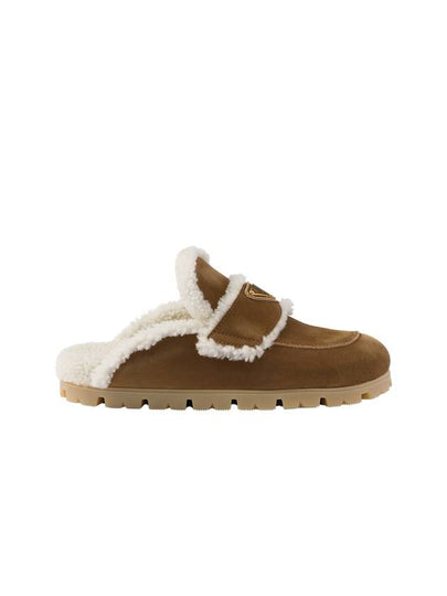 Triangle Logo Suede Shearling Mules Cinnamon - PRADA - BALAAN 2