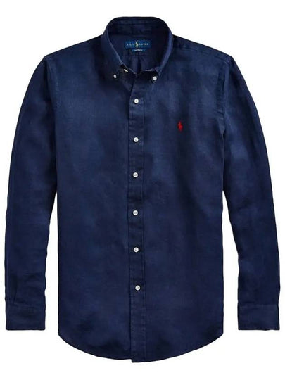 Men's Pony Embroidery Linen Oxford Long Sleeve Shirt Blue - POLO RALPH LAUREN - BALAAN 2